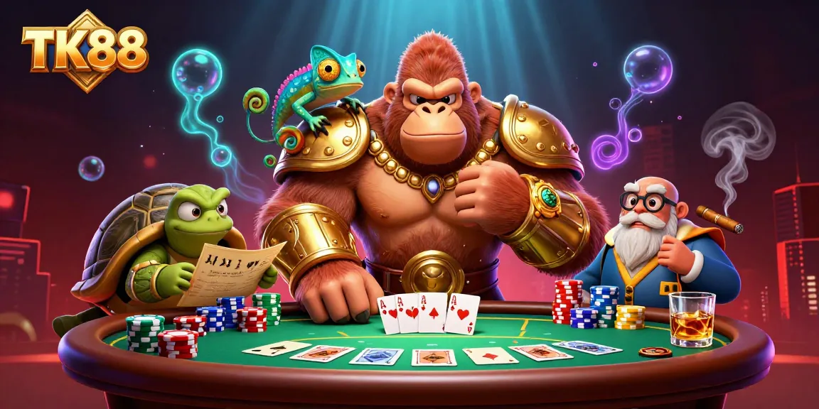 Engage with TK88's thrilling poker scene amidst vibrant characters and dynamic casino elements.