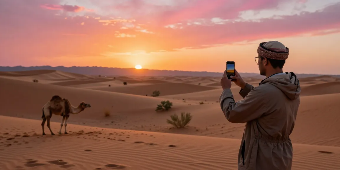 Slot gacor traveler capturing desert sunset view with vibrant colors.