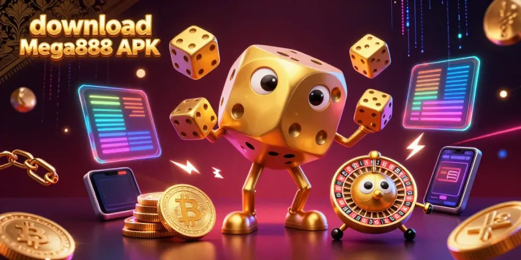 Download Mega888 APK: Experience the thrill of gaming amidst vibrant 3D casino elements.
