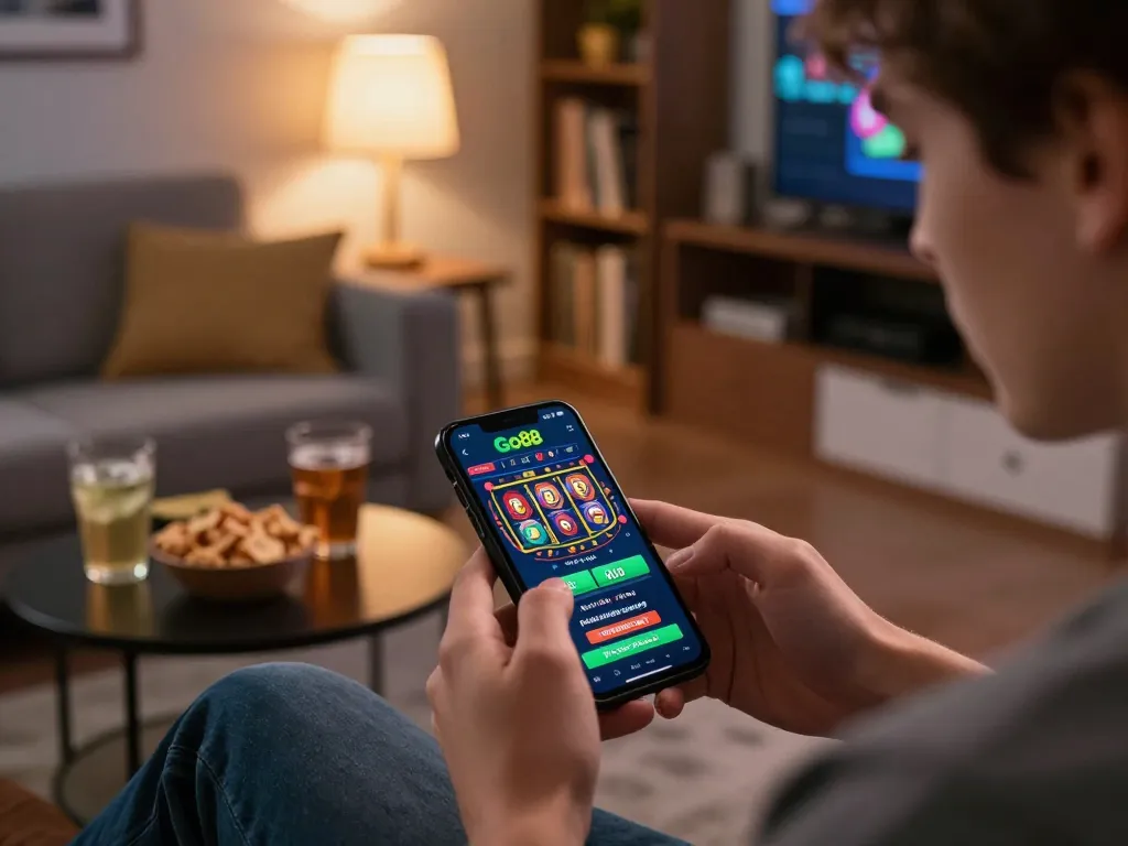 Go88 player immersed in dynamic online blackjack game on smartphone amidst cozy home setting.
