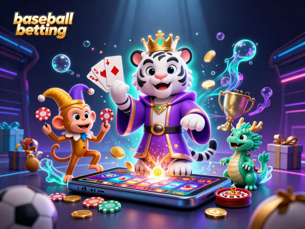 Engage in thrilling baseball betting with vibrant characters and dynamic casino elements.