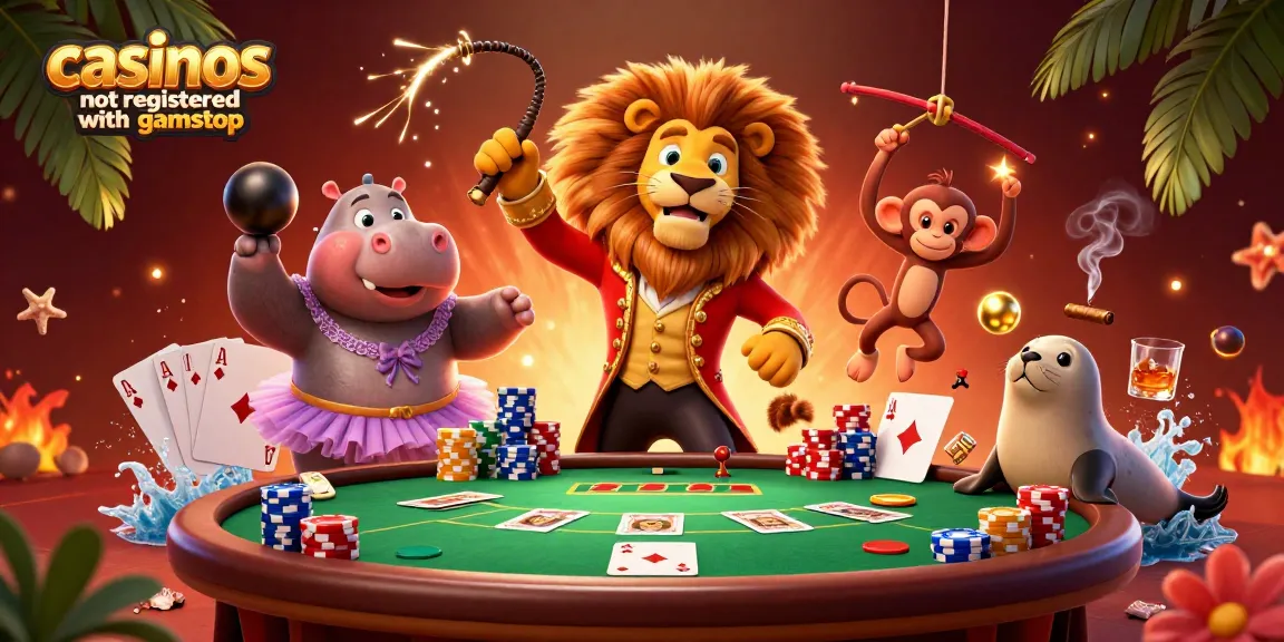 Engage with casinos not registered with gamstop in a vibrant 3D illustration showcasing a lion and circus characters amidst colorful gaming elements.