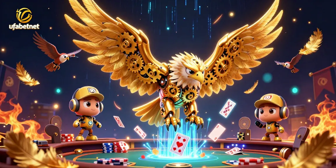 Engage with ufabetnet as the 3D cybernetic eagle soars through holographic cards in a bustling casino