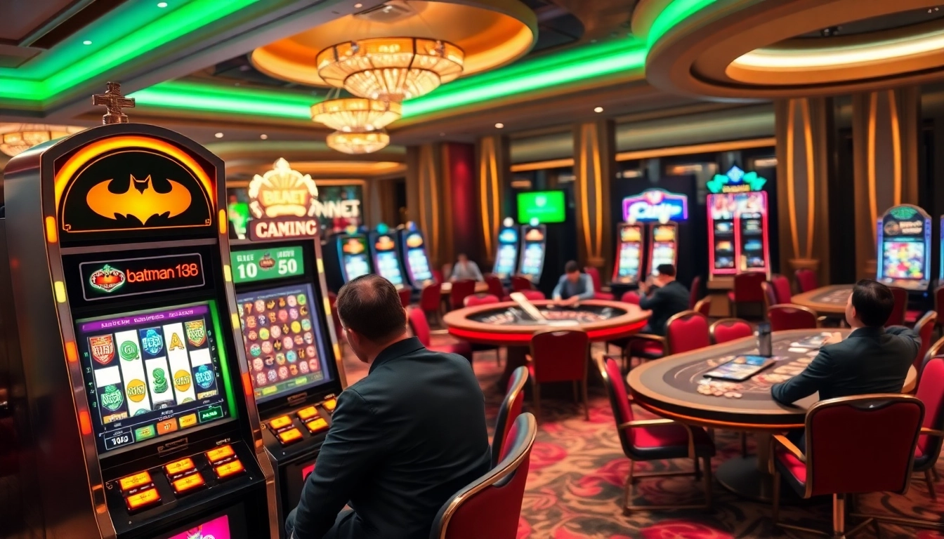 Engage with the batman138 slot machine in an exciting casino environment featuring roulette and poker games.