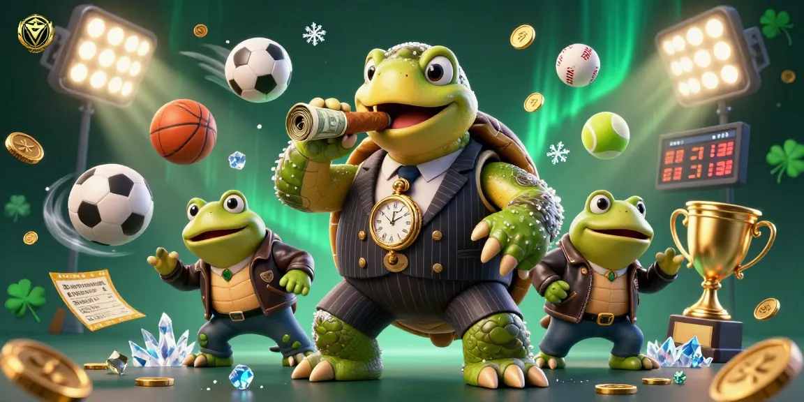UFABRO features a vibrant casino scene with a cartoon turtle, bullfrogs, and dynamic sports elements.