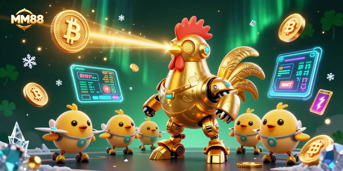 MM88 showcases a vibrant 3D illustration of a golden rooster robot with crypto elements, representing an exciting online gambling experience.