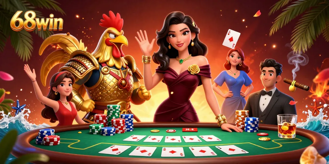 Engage with 68win's luxurious gaming scene featuring a glamorous woman and a golden rooster warrior at a dynamic poker table.