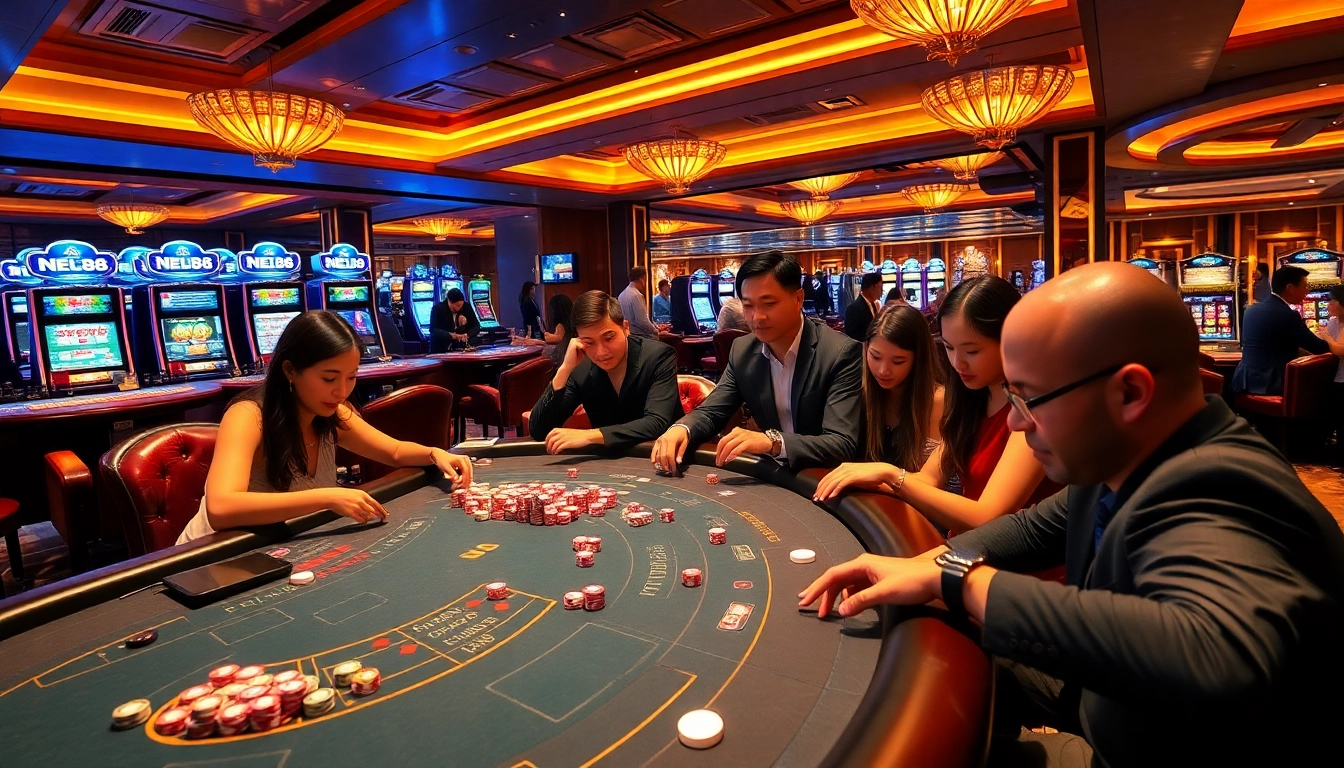 Players enjoying exciting games at NEU88 casino, featuring vibrant tables and electrifying atmosphere.