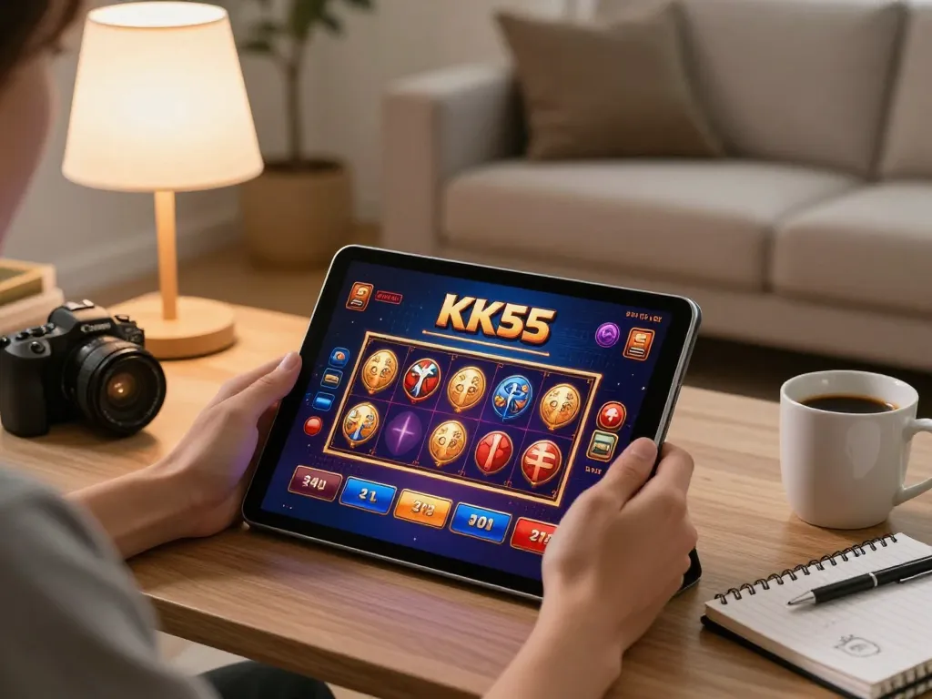 Person playing KK55 casino games on a tablet in a cozy home setup with strategy notes.
