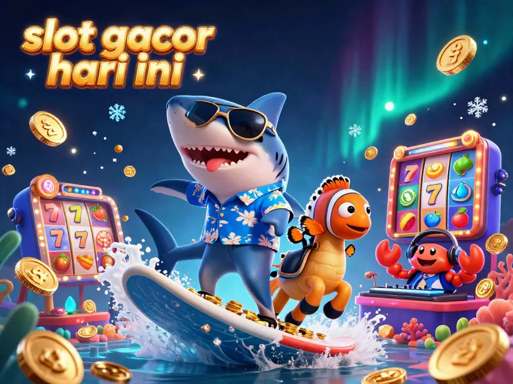 Ilustrasi 3D menggambarkan slot gacor hari ini dengan hiu kartun dan elemen kasino yang dinamis.
