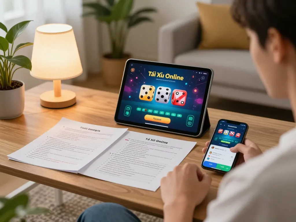 Engage with the app tài xỉu online uy tín in a cozy gaming environment, showcasing a player’s strategy notes and interactive tablet.