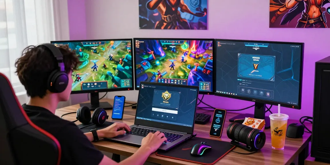 Raja Game login on sleek laptop surrounded by colorful game graphics and engaging gaming setup.
