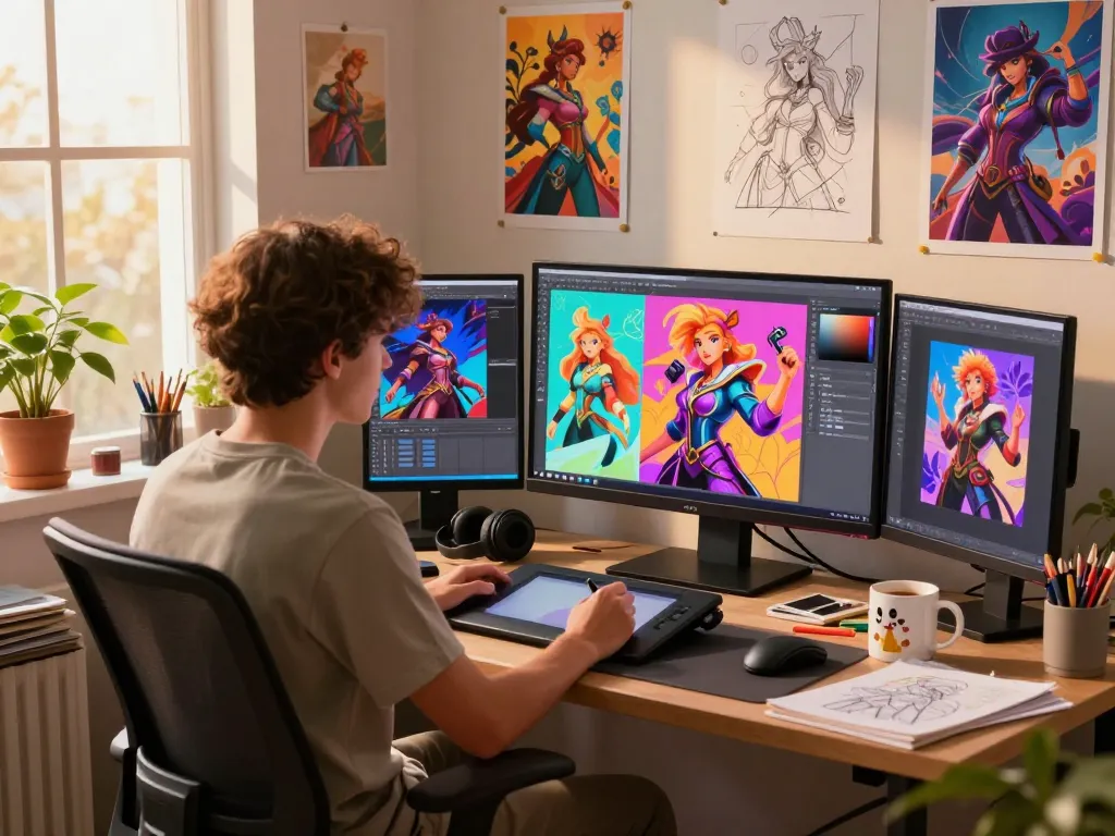 Creative NSFW AI art studio scene showcasing vibrant character designs and artistic tools.