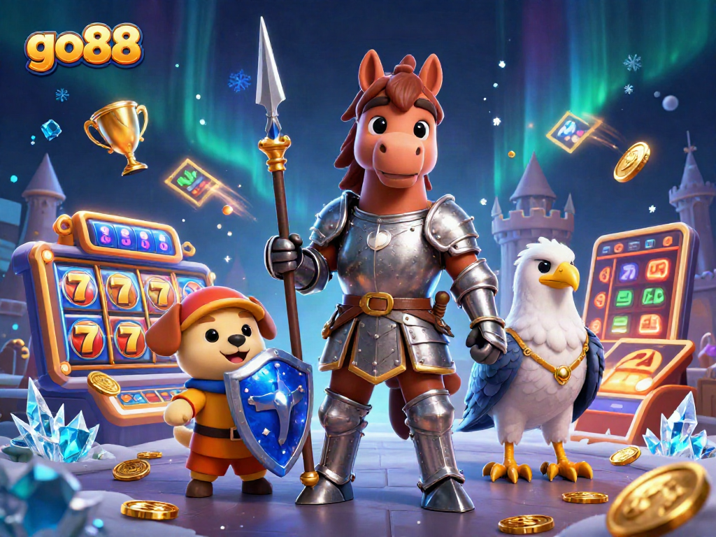 go88 slot reels spinning with a knight and puppy in a magical 3D casino scene
