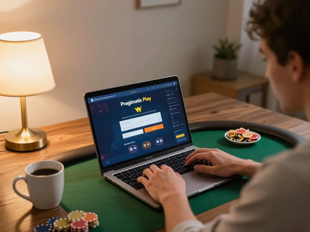 Engaging with Pragmatic Play Login on a laptop in a cozy home gaming setup.