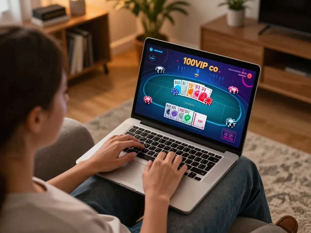 Engaged player enjoying dynamic online poker game at 100vip co with vibrant interface and home comfort.