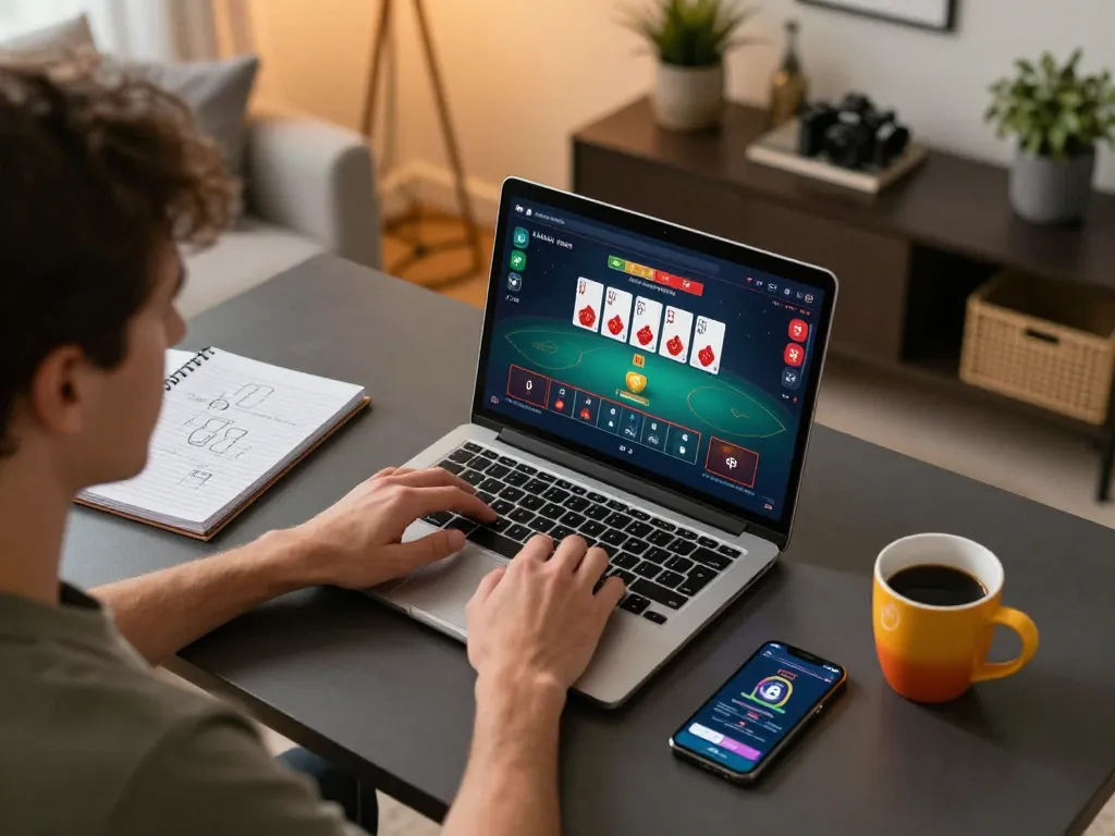 IWIN player enjoying poker at home using laptop for online casino gaming with strategy notebook nearby.