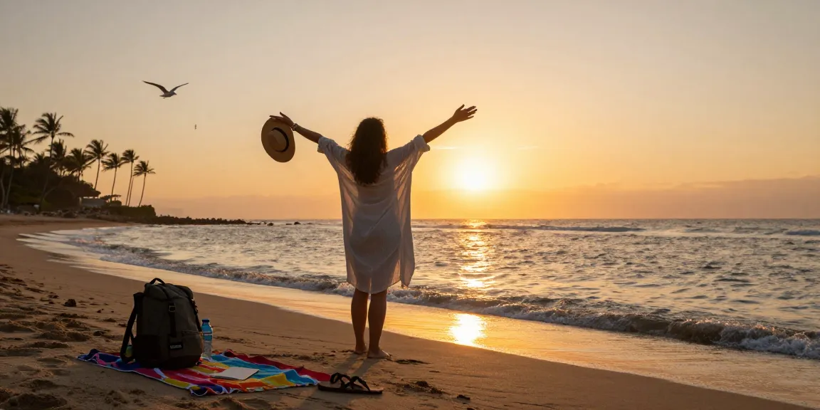 Gambaran traveler di pantai saat matahari terbenam, menciptakan momen refleksi yang inspiratif dengan halte4d.