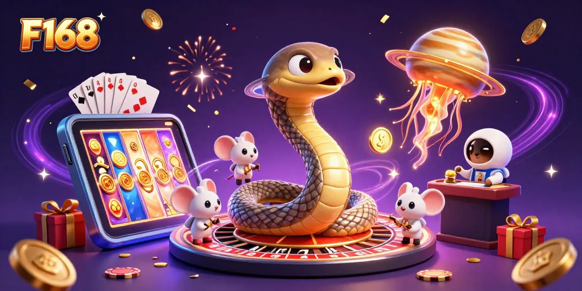 Experience thrilling gameplay at F168 with a cosmic roulette and vibrant gaming elements.