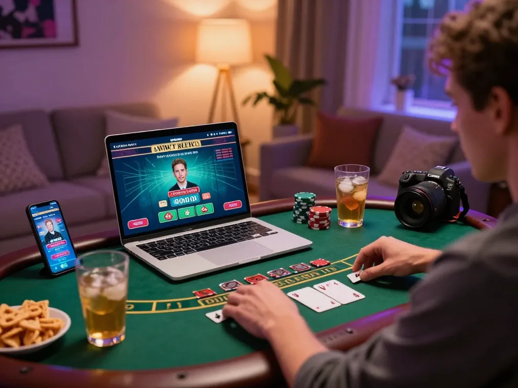 Person playing u888 online casino blackjack on laptop in cozy home setting.