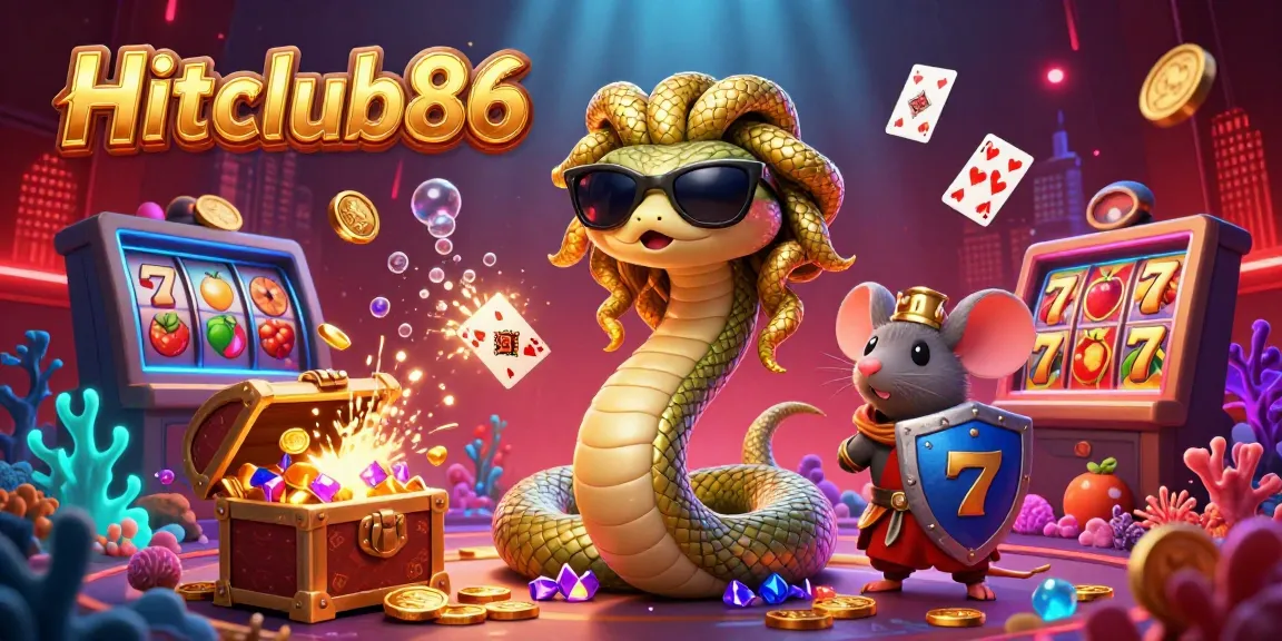 Hitclub86 showcases a vibrant 3D casino scene with Medusa and gaming elements, enticing players for big wins.