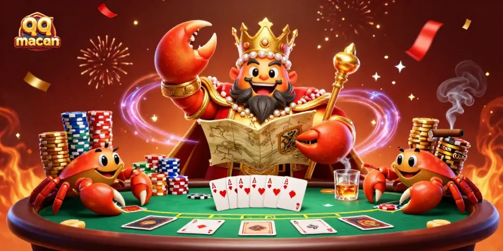 Experience the thrill of qq macan with a vibrant 3D casino scene featuring a majestic golden crab and poker elements.