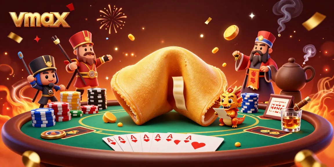 Experience vmax casino thrills with golden fortune cookies and dynamic poker elements in a 3D illustration.