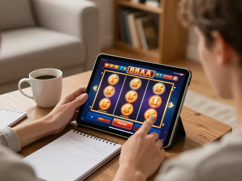 Player enjoying slot games on 88aa tablet in cozy home setting with strategy notes.