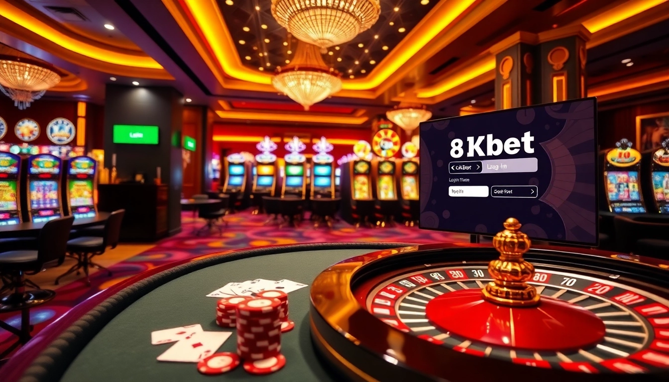 8kbet poker table with vibrant chips and a luxurious casino roulette wheel