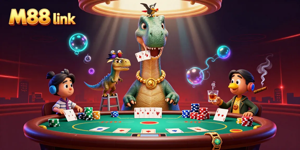 Experience thrilling gameplay at M88 link with this stunning 3D casino illustration showcasing action-packed card dealing.