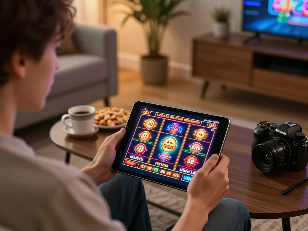 Player enjoying UGDEWA slots on tablet in cozy living room setting, emphasizing responsible gambling.