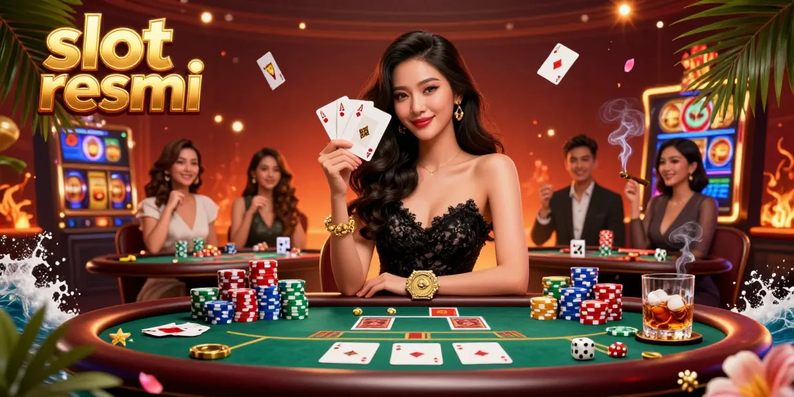 The elegant Asian woman showcases her skills at a slot resmi game while holding ace cards amidst a vibrant casino backdrop.