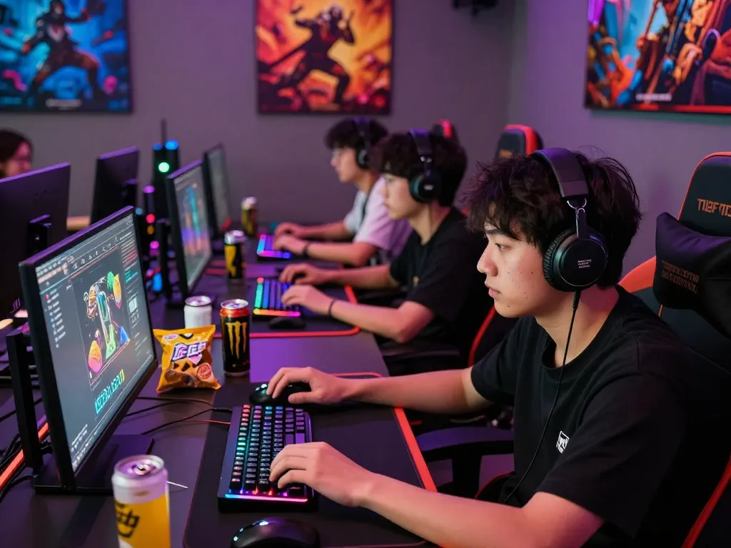 Gamers enjoying DEWI123 online platform with vibrant gaming setup and energy drinks.