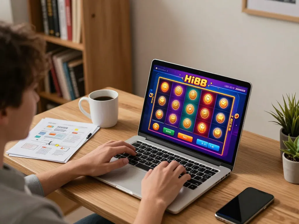 Playing engaging Hi88 com slot games on a laptop from a comfortable home setup with strategy notes nearby.
