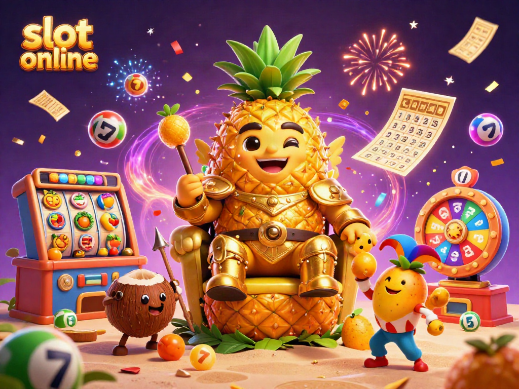 Engage with slot online action in a vibrant 3D illustration featuring a golden pineapple king amidst dynamic casino symbols.