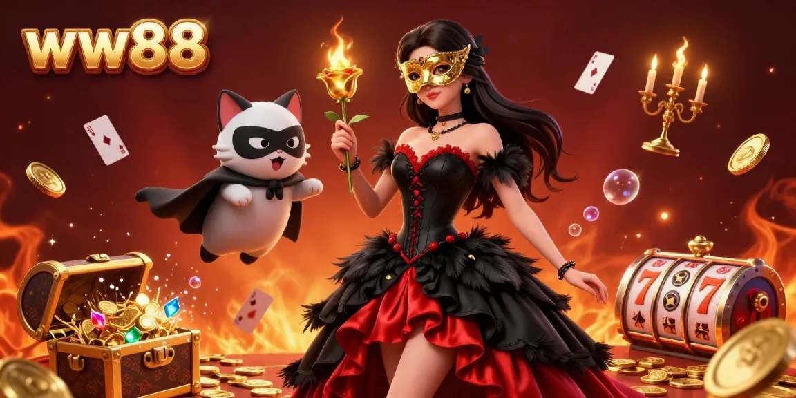 Experience the excitement of ww88 with this vibrant 3D casino scene featuring a dramatic character and dynamic slot elements.
