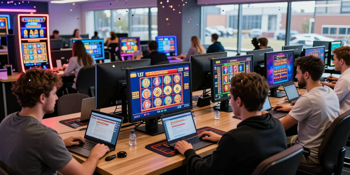 Players enjoying vibrant new UK casino sites on mobile and laptops in a lively gaming environment.