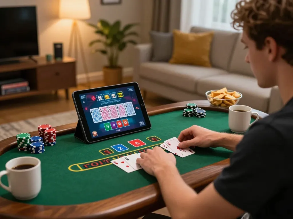 Engaged player at home using sc88seo for live dealer blackjack, focused on betting.