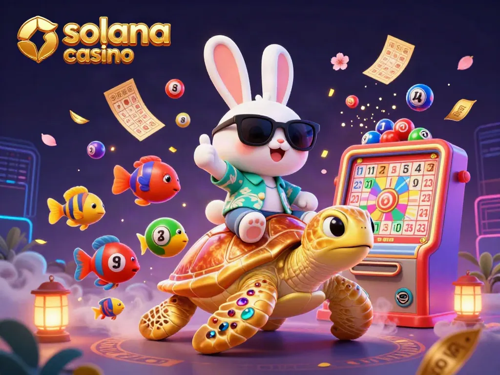 Experience vibrant gameplay at solana casino with a lucky rabbit, golden sea turtle, and colorful lottery elements.