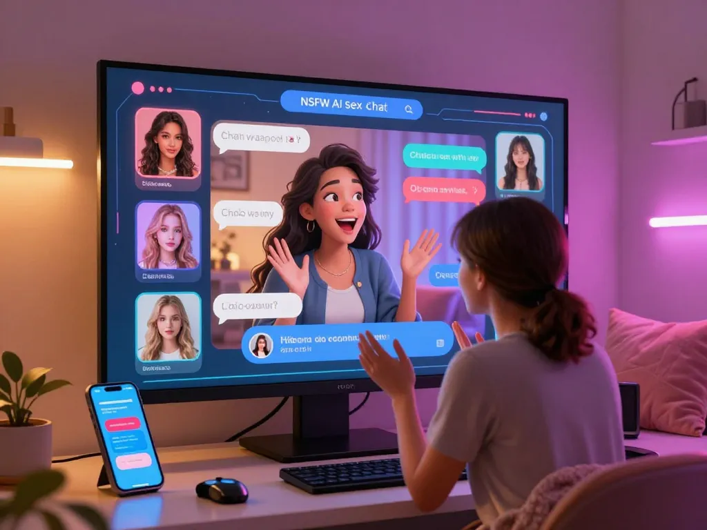 AI sex chat interaction with customizable avatars in a cozy digital environment, depicting modern companionship.
