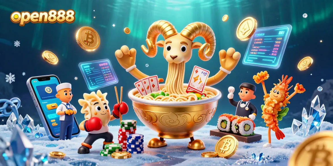 Join the excitement with open888 as a golden ramen bowl deals cards in a lively casino setting.