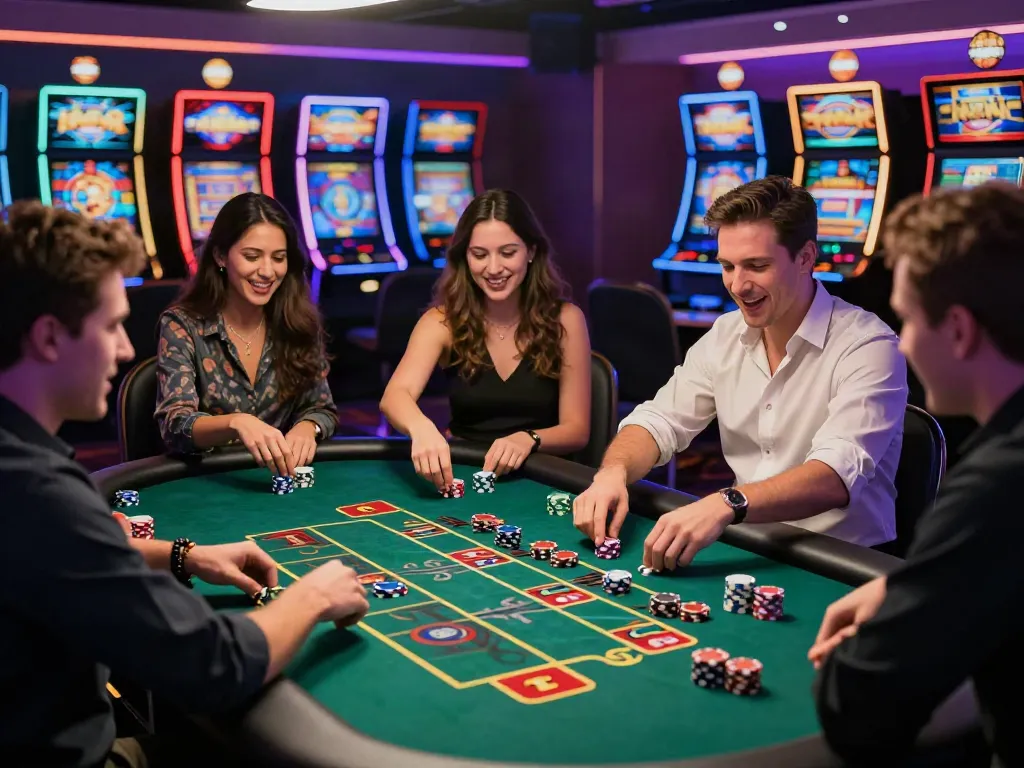 Exciting casino scene depicting players at a gaming table enjoying akunjp bets and cheers.