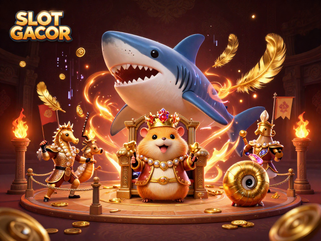 Engage in thrilling SLOT GACOR adventures with this vibrant casino scene depicting a majestic hamster king amidst dynamic casino elements.