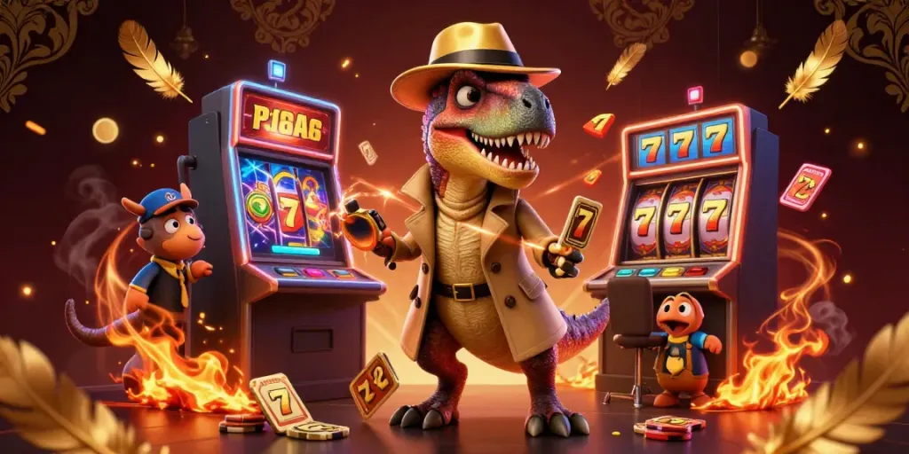 Experience thrilling wins at bolavitaslot daftar with a playful velociraptor at a slot machine.