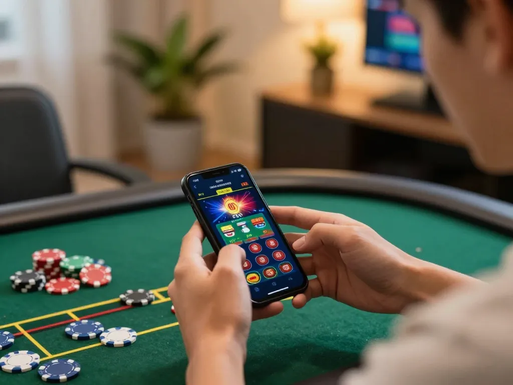 Engaging player utilizes a smartphone to link vào casino app during a home gaming session.