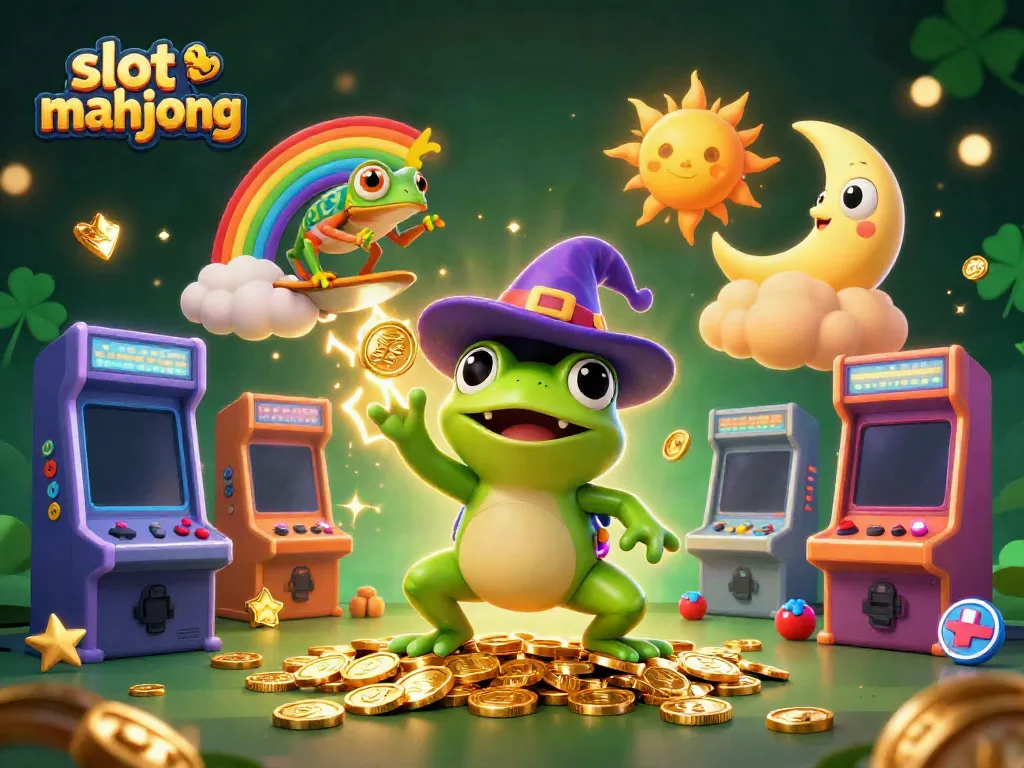 Experience thrilling slot mahjong action with magical characters amidst a burst of winning coins in this vibrant illustration.