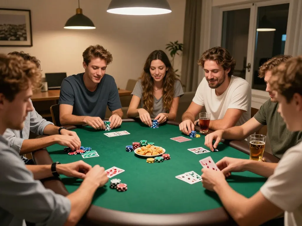 OLYMPUS88 players enjoying a strategic home poker night with friends, focused on their cards and community layout.