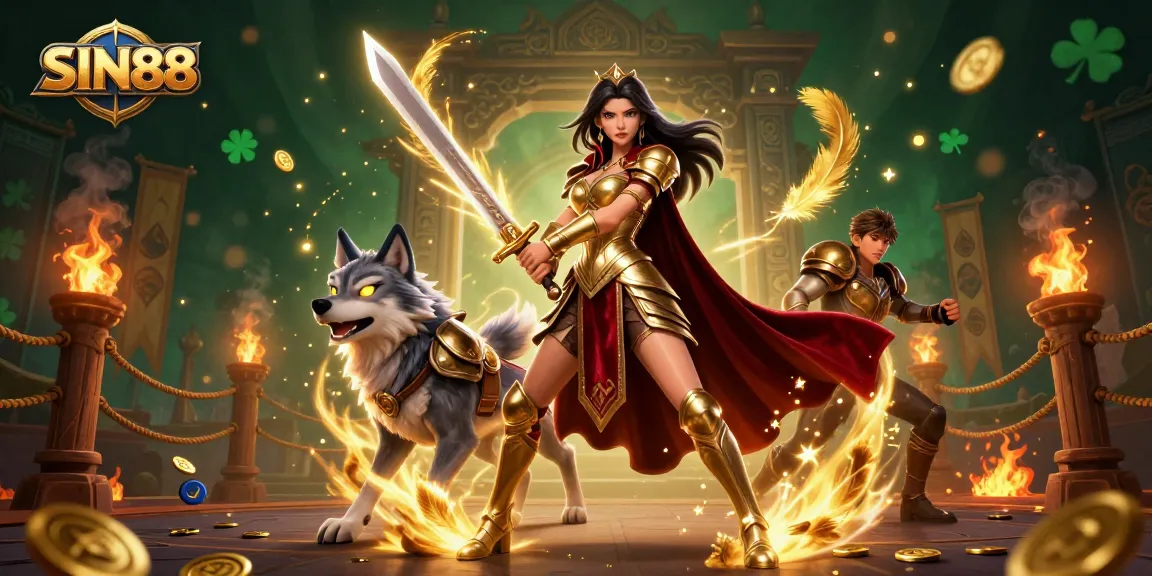 SIN88 showcases a warrior queen and her armored wolf companion celebrating big wins in an immersive casino battle.