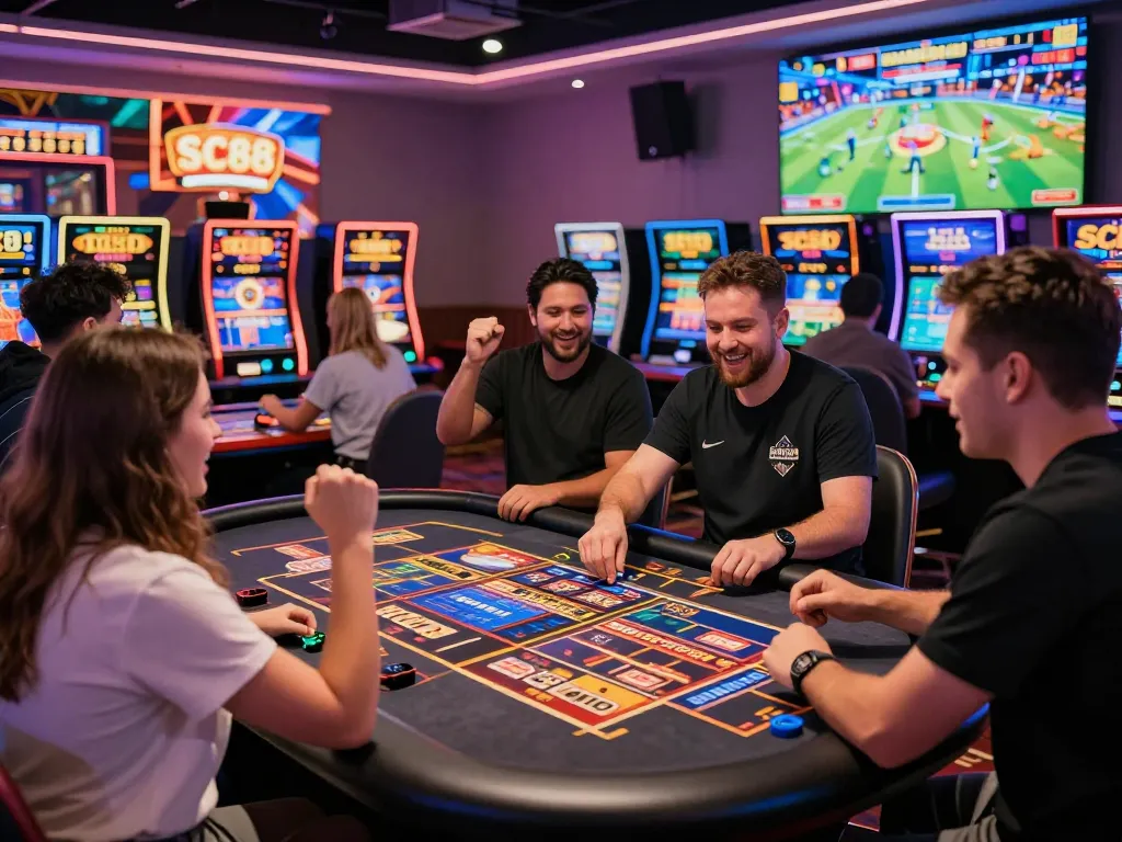 Engaging gaming experience at SC88 with players celebrating wins in a vibrant casino atmosphere.