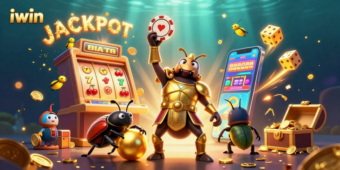 Experience iwin with this lively casino scene showcasing a hercules beetle in battle armor and vibrant slot machine elements.